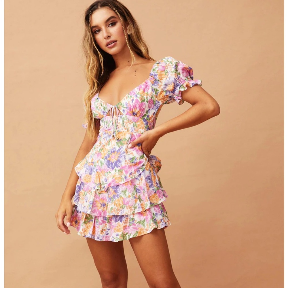 Pink multicolor mini dress puff sleeve tiered skirt cutout BRAND NEW W TAGS